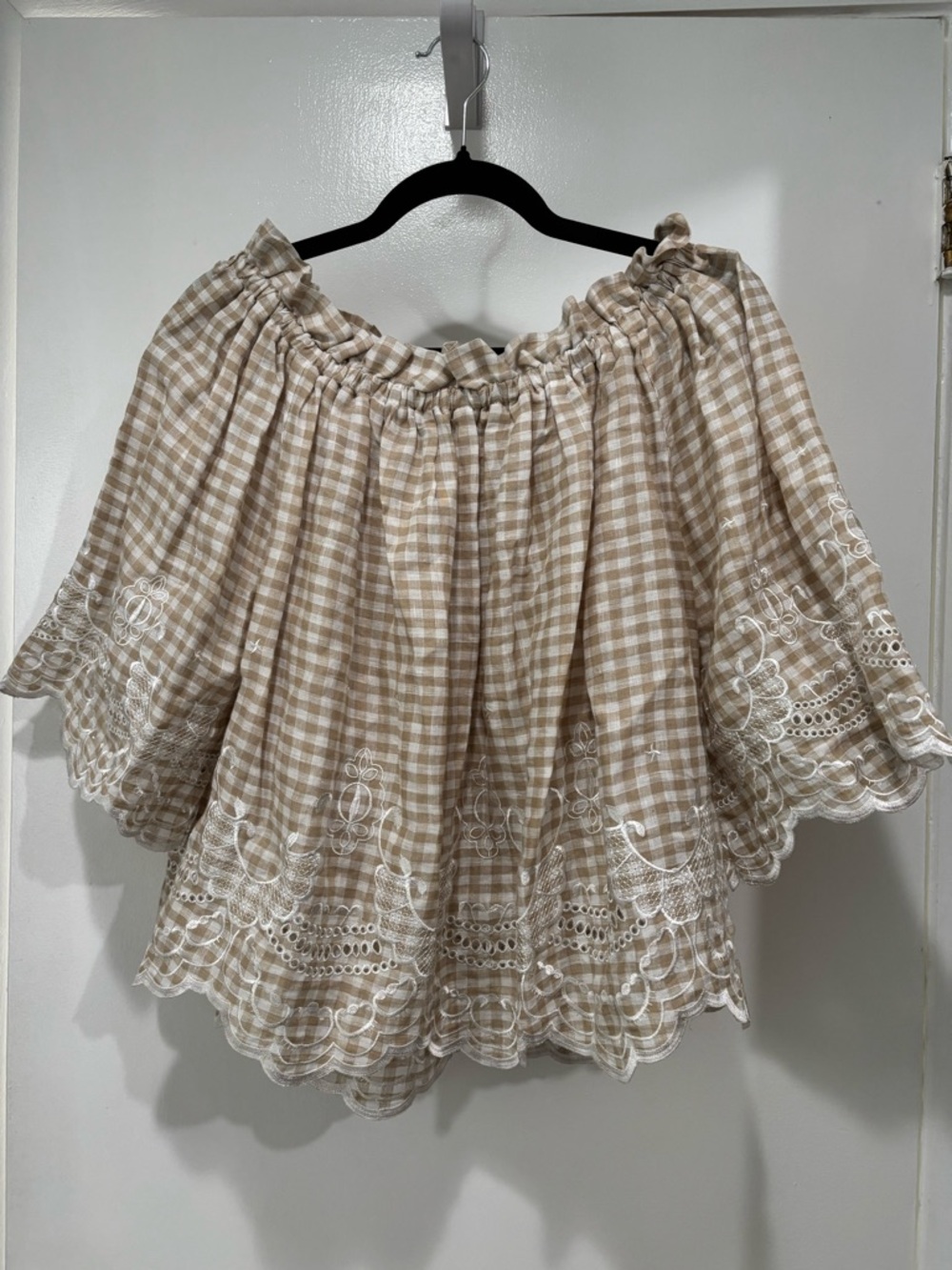 Senlis Beige Gingham Off-Shoulder Blouse with White Embroidery Medium